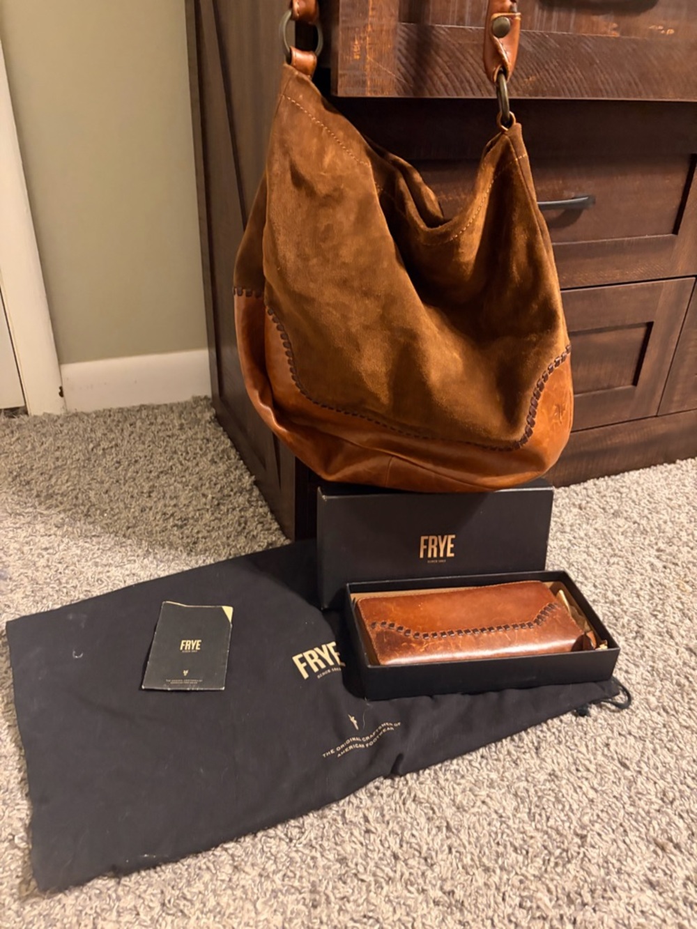 FRYE Women's Brown Leather & Suede Hobo Bag and wallet to match